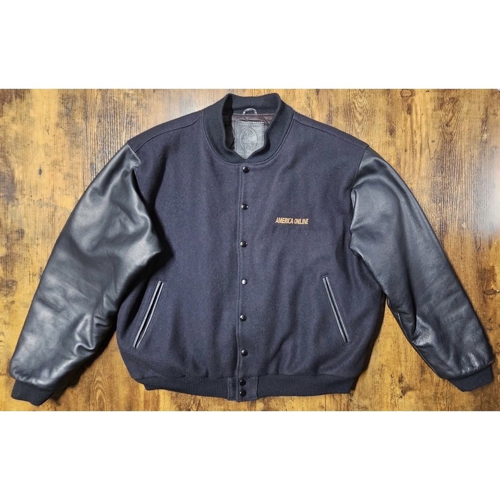 Vintage Golden Bear America Online 90s Employee Varsity Leather Jacket Black 2XL